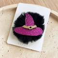 Détail de pince à cheveux chapeau de sorcière violet avec paillettes et tulle noir - Chapeau de Sorcière Violet (Chapeau Violet en Dentelle)