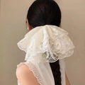 Detail eines weißen Übergroßen Spitzenhaargummis mit floralen Stickmustern - Übergroßer Bestickter Stil / Weiß