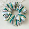Detail of colorful striped fabric hair scrunchie with knit texture and brand label - Yellow Green Striped (Single)