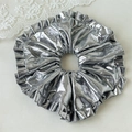 Detailed view of silver metallic oversized pleated scrunchie with ruffled edges - Gray Laser Large Loop