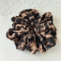 Detailed view of large leopard print scrunchie featuring soft satin texture and fold design - 19cm / Coffee