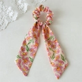 Elegant floral chiffon hair scrunchie with long ribbon tails and purple flower print - Tender Yellow Ribbon Scrunchie