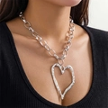 Detail of silver oversized irregular lava heart pendant on a chunky cable link chain - Single Layer - Silver