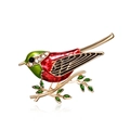 Exquisite enamel bird brooch with red and green details on a golden branch with crystals - Green Headed Bird