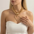 Double-layered gold bead necklace featuring a large hollow heart pendant for women - Double Layer Beads Hollow Heart (Gold) / Gold