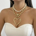 Layered gold beaded necklace with pearl strand and irregular heart pendant jewelry - Pearl Beads Layered Heart (Mixed Colors) / Multicolor