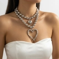 Double-layer silver beaded necklace featuring layered solid and hollow heart pendants - Double Layer Beads Hollow Heart (Silver) / White K/Silver