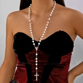 Long pearl rosary chain necklace with silver crucifix pendant for gothic fashion - Long Artificial Pearl Icon Cross Necklace Style (NC24Y0678-2) / Silver/White