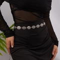 Vintage silver layered body chain with oval embossed metal charms on female waist - Antique Silver Oval Relief Style (XP24Y0708)