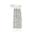 Close-up of a silver safety pin brooch with hanging metal chains and bead tassels - Silver Draped Chain Bead Style (XK26Y0068)