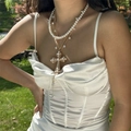 Baroque Y2K multi-layered necklace with pearl cross pendant and vintage gold chains - 复古金色双层大十字架珍珠款(NC25Y0691-1)