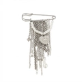 Detail of silver pin brooch with hanging chains, pearl strand, and heart-shaped eye charm - Silver Eye Heart Pearl Style (XK26Y0071)