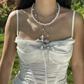 Close-up of layered baroque pearl necklace with a vintage cross pendant on model - 复古银色三层大十字架珍珠款(NC25Y0691-2)