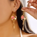 Bohemian gold shell earrings with strawberry quartz and pearls in a dangling drop design - Enamel Shell Style (Pink) / Pink