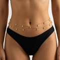 Detail view of double-layer gold chain body belt with sparkling clear zircon pendants - Double Layer Round Rhinestone Style (BJ26Y0005-3) / Gold