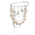 Chic layered tassel brooch with heart and star pendants on a silver kilt pin - Silver Gold Heart Star Style (XK26Y0061)