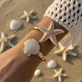 Golden sea star and shell open bracelet with colorful pearls for beach summer vacation - White Starfish Shell (BR26Y0028-1)
