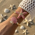 Pink starfish and scallop open cuff bracelet in gold finish for beach vacation - Pink Starfish Shell (BR26Y0028-2)