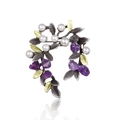 Macro view of a vintage wreath brooch featuring pearls, purple crystals, and silver leaves - Silver Retro Pearl Purple Raw Stone Wreath Style (BC17Y013M13)