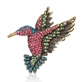 Close-up of hummingbird brooch with colorful crystals and antique gold finish - Antique Gold Multicolor Rhinestone Hummingbird Style (16BC171)