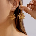 Boho hollow lotus drop earrings in gold with red stone and white crystal accents - Golden Lotus Style (ER26Y0064)