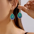 Vintage teardrop earrings with silver seahorse and blue enamel wave pattern - Seahorse Teardrop Style (ER26Y0066)