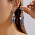 Bohemian silver earrings with coconut tree patterns, turquoise, and blue enamel waves - Surfboard Coconut Tree Style (ER26Y0067)