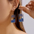 Vintage style drop earrings featuring navy blue enamel coconut tree and sea wave patterns - Coconut Sea Wave Style (ER26Y0069)