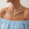 Double-layered beach style necklace with gold starfish pendants and white pearls - Pearl Starfish Double Layer Style (NC26Y0010)