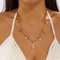 Golden double layer necklace featuring starfish and shell charms with white pearls - Large Starfish Pearl Pendant Style (NC26Y0013)