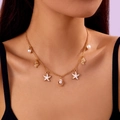 Double-layered gold necklace with starfish, seashell pendants and white pearls - White Enamel Starfish Pearl Style (NC25Y0166)