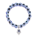 Blue Evil Eye beaded bracelet with silver Hamsa Hand charm on white background - Hamsa Hand