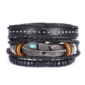 Close-up of vintage leather bracelet set with silver feather charm and turquoise stone - Black Rivet Feather Style (#3)