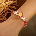 Handmade summer beach bracelet set with red and orange clay beads and frangipani flower - Polymer Clay Flower (Orange)