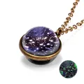 Macro detail of vintage bronze necklace with luminous galaxy glass pendant glowing in dark - Purple Universe (#9)