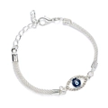 Detailed close-up of a silver multi-strand Evil Eye bracelet with blue enamel and rhinestones - Evil Eye