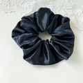 Elegant black satin scrunchie with floral jacquard pattern and a silky luxurious finish - Camellia Navy Blue