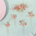 Détail d'un ensemble de pics à cheveux en fleurs roses et peigne de mariage en perles - Parure d'accessoires de cheveux (HS-J7371GPINK)