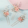 Three-piece set of bridal flower hair pins with pink roses, pearls, and rhinestones - Rose Hair Pin (HS-J7459GPINK) / Pink