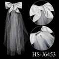 White double-layer bridal veil with large satin bow and secure metal hair clip - Short Bow Simple Veil (HS-J6453)
