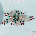 Fermaglio sposa vintage con strass verdi e rossi su base floreale in filo d'oro - Oro con zircone multicolore