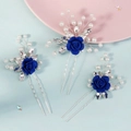 Three-piece bridal U-shaped hair pins with navy blue roses, pearls, and crystals - Rose Hair Pin (HS-J7459SBLUE) / Blue