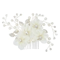 Elegant bridal hair comb featuring silk flowers, white pearls and sparkling leaf rhinestones - Silver (HS-J4491)