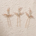 Lot de 3 épingles à cheveux dorées avec feuilles blanches, perles et strass - Ensemble de pics fleurs et feuilles (3 pcs) / Doré