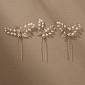 Lot de 3 épingles à cheveux dorées pour mariée avec feuilles, strass et perles blanches - Style Feuille Dorée (HS-J4649) / 3 pièces