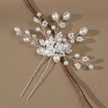 Épingle à cheveux de mariée avec fleurs blanches, perles et strass sur fil d'argent - Style Argenté (HS-J4498S)