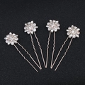 Set of 4 vintage silver flower U-shaped hair pins with sparkling crystals and rhinestones - Rose Gold (HS-J4713)