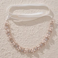 Bandeau de mariée élégant en or rose avec perles blanches, strass et rubans de satin blanc - Or rose