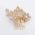 Peine de novia dorado con elegantes motivos de hojas y flores decorado con pedrería - Peine de Cabello Dorado 6 Dientes Flores y Hojas con Strass (HS-J4377G)