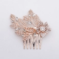 Rose gold bridal hair comb featuring intricate rhinestone leaves and floral crystal design - Rose Gold Pave Rhinestone Floral Leaf Hair Comb (HS-J4377RG)